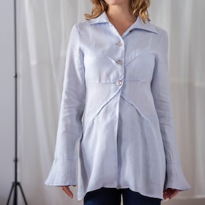 French Vintage 100% Linen Top, Light Blue - Size XS-S, Flared