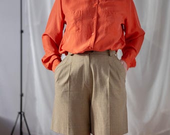 Vintage Plaid Bermuda Shorts: 100% Cotton High Waist Pants, Size S