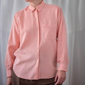 Vintage Button Down Cotton Shirt with Salmon Pink for Women | Size M | Long Sleeve Straight Collar Buttoned Blouse Top NVS1746
