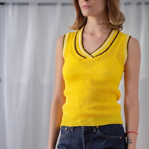 Vintage 1970s Knitted Vest Top in Bright Yellow with Brown Trim for Women | Size XS - S | Sleeveless V Neck Tenniscore Waistcoat NVS1720