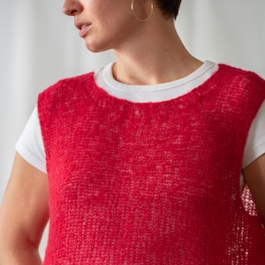 Vintage Hand Knit Mohair Wool Sweater Vest in Cherry Red for Women | Free Size | Wide Gauge Waistcoat. Handmade Sleeveless Jumper NVS155