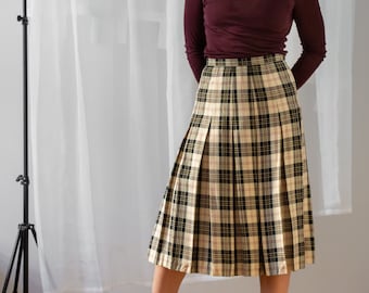 Vintage 100% Silk Pleated Midi Skirt with Cream & Black Plaid Pattern for Women | Size M | Box Pleat High Waist Mid Length Skirt NVS544