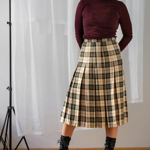 midi plissée vintage 100 % soie à carreaux crème et noir pour femme Taille M Jupe plissée taille haute mi-longue NVS544 image 1