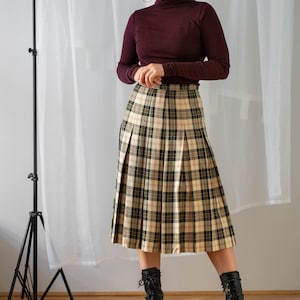 midi plissée vintage 100 % soie à carreaux crème et noir pour femme Taille M Jupe plissée taille haute mi-longue NVS544 image 2