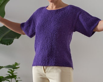 Vintage Wool Boucle Jumper in Purple for Women | Free Size | Short Sleeve Round Neck Relaxed Loose Hand Knit Sweater Top in Violet NVS167