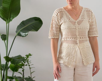 Vintage Cotton Crochet Top in Beige for Women | Free Size | Short Sleeve Buttoned Open Weave Cardigan Sweater with V Neck NVS196