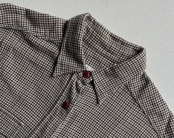 Vintage Houndstooth Shirt: Brown & Navy Blue Cotton Button Up Blouse for Women. Long Sleeve Collared Top (size S-M)