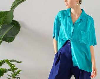 Vintage 100% Silk Blouse with Open Collar in Dark Turquoise for Women | Size M - L | Relaxed Loose Fit Crinkled Blue Silk Shirt Top NVS019