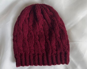 Hand Knit 100% Merino Wool Hat for Women | Handmade Cable Knit Winter Beanie | Women's Super Soft Knitted Hat in Dark Red / Burgundy NVS600