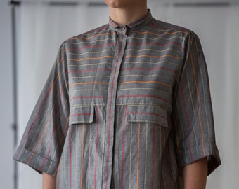 Vintage van Laack Button Down Shirt with Micro Collar in Striped Silver Grey | Size L | Half Sleeve Oversized Blouse Top for Women NVS327