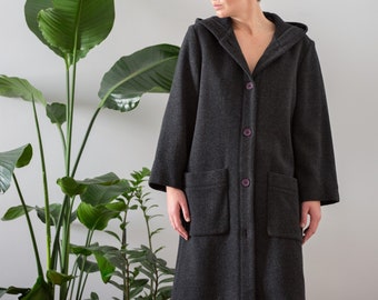 Vintage Hooded Wool Coat in Charcoal Grey for Women | Size S - M | Knee Length Buttoned Midi Winter Overcoat with Patch Pockets NVS140