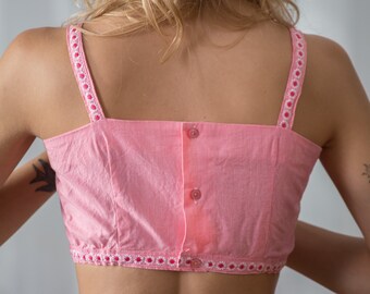 Vintage Bubblegum Pink Cotton Bra Top With Floral Embroidery for Women Size  Eu 65D / Us 30D Buttoned Strap Bralette. Crop Top NVS375 
