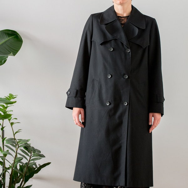Trench-coat vintage des années 1970 en noir pour femme | Taille M - L | Veste printanière mi-longue boutonnée avec ceinture. Trench classique croisé NVS141