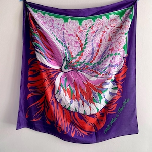 Vintage Floral Silk Scarf: Purple, Pink & Green Flower Print
