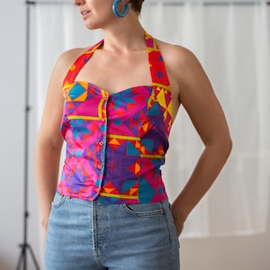 Vintage Kenzo City Abstract Print Halter Neck Top in Hot Pink, Purple & Blue for Women | Size L | Colourful Cotton Strap Summer Top NVS403