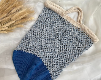 Vintage Crochet Net Bag in Azure Blue & Cream with Short Handle | Handmade Open Weave Large Handbag / Boho Beach Bag / Market Bag NVS660