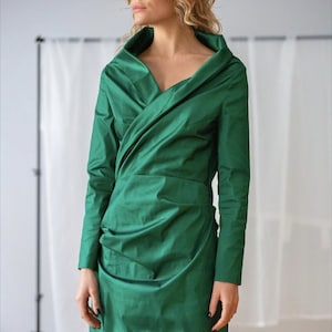 Vintage Emerald Green Silk Blend Cocktail Dress - Draped Designer Midi, Size S