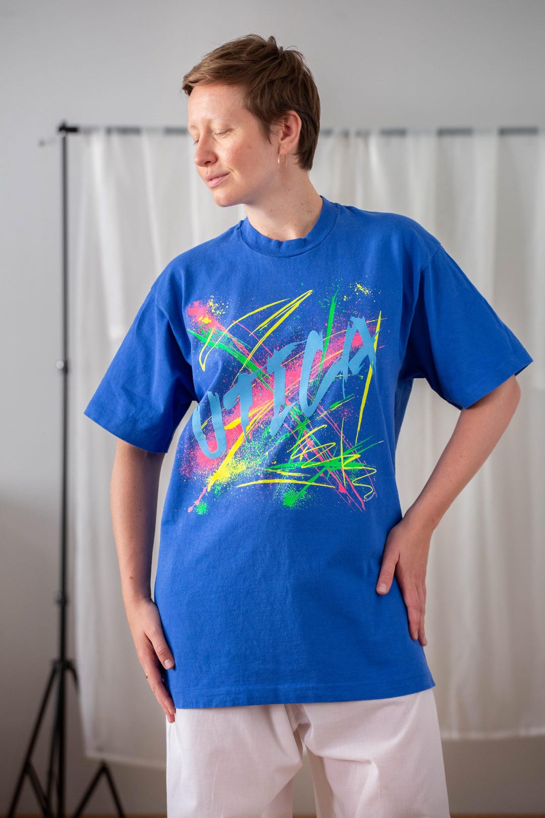 Vintage 90s Graphic Tee: Neon Splash Print, Azure Blue Cotton T