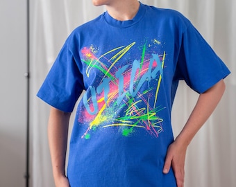 Vintage 90s Graphic Tee: Neon Splash Print, Azure Blue Cotton T