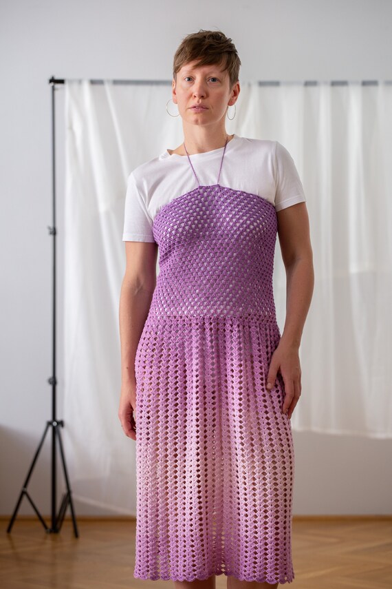 Vintage Hand Crochet Midi Dress in Ombre Lilac fo… - image 9
