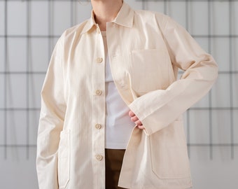 Deadstock Vintage Chore jas in crème voor heren | Maat L-XL | Utility-werkkledingjack met kraag en knoopsluiting. Geslachtsneutrale kleding NVS1134