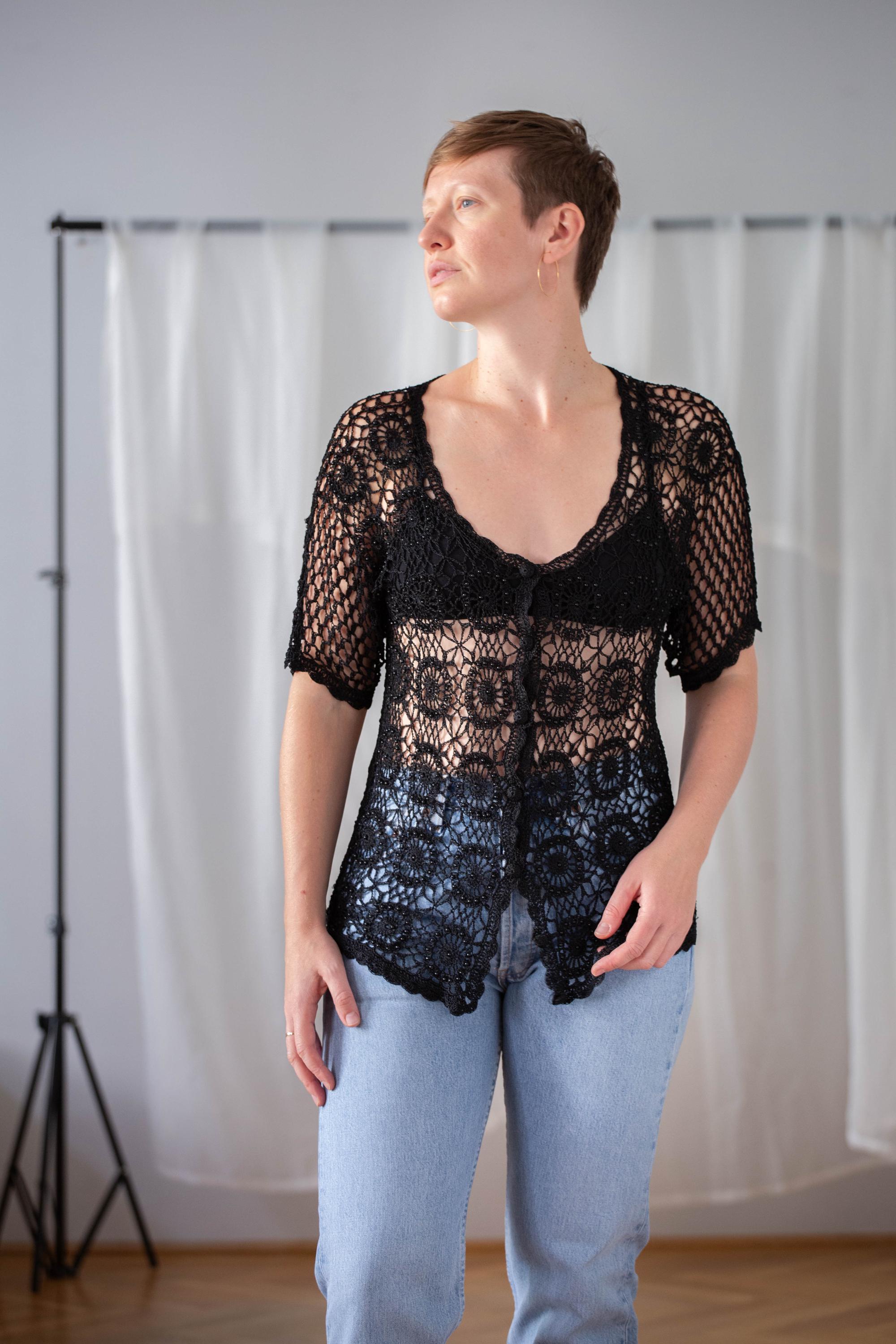 Vintage Black Crochet Cardigan Top: Handmade Boho Sheer Net, Size