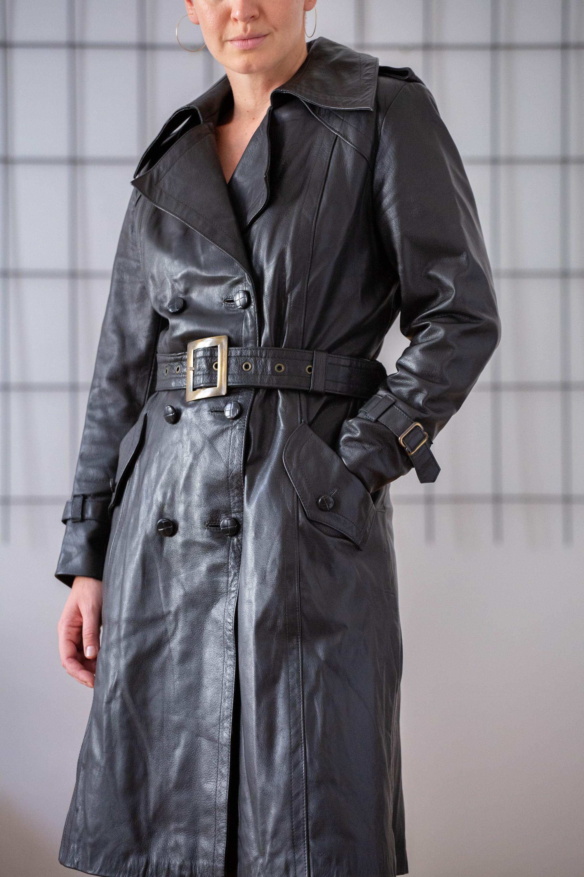 Vintage Real Leather Trench Coat in Black for Women | Size EU 36