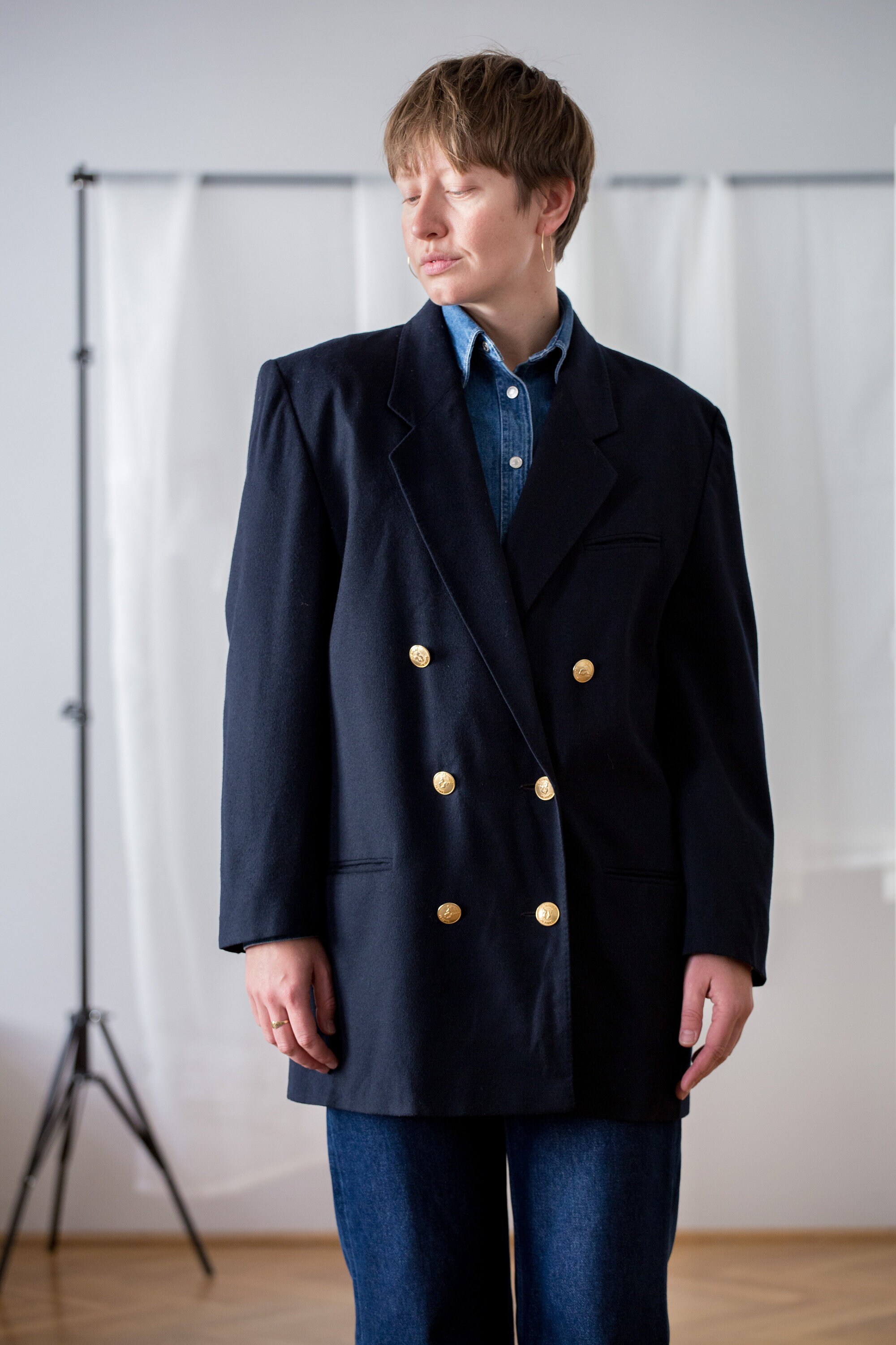 ★on&on★ [PREOPEN]Classic Wool Cashmere Jacket NEW5XJA22_9F Vintage Wool Cashmere Blazer in Navy Blue for Women | Size L