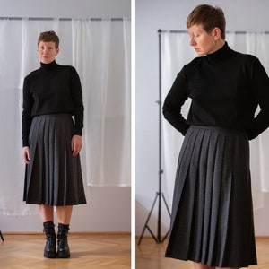 Vintage Wool Pleated Midi Skirt in Charcoal Grey for Women | Size L | Sharp Pleat High Waist Mid Length Winter Skirt. Made in Germany NVS911