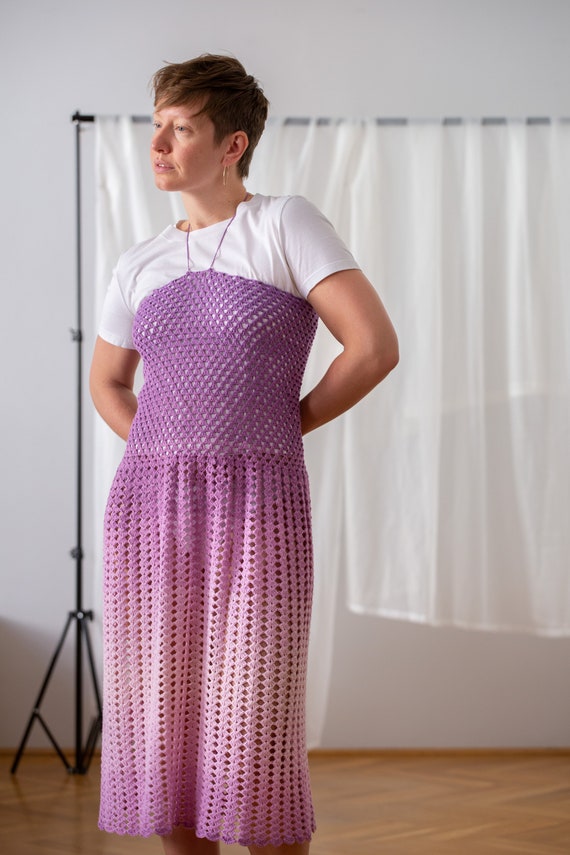Vintage Hand Crochet Midi Dress in Ombre Lilac fo… - image 5