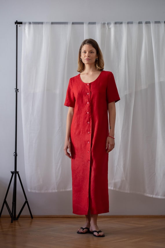 dark red linen dress Vintage Dark Red Linen Maxi Dress: Short Sleeve Button Front, Size S