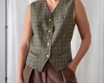 Vintage Pure Wool Waistcoat in Green, Navy & Beige for Women | Size L | Plaid V Neck Sleeveless Vest with Pointed Hem and Pockets NVS823