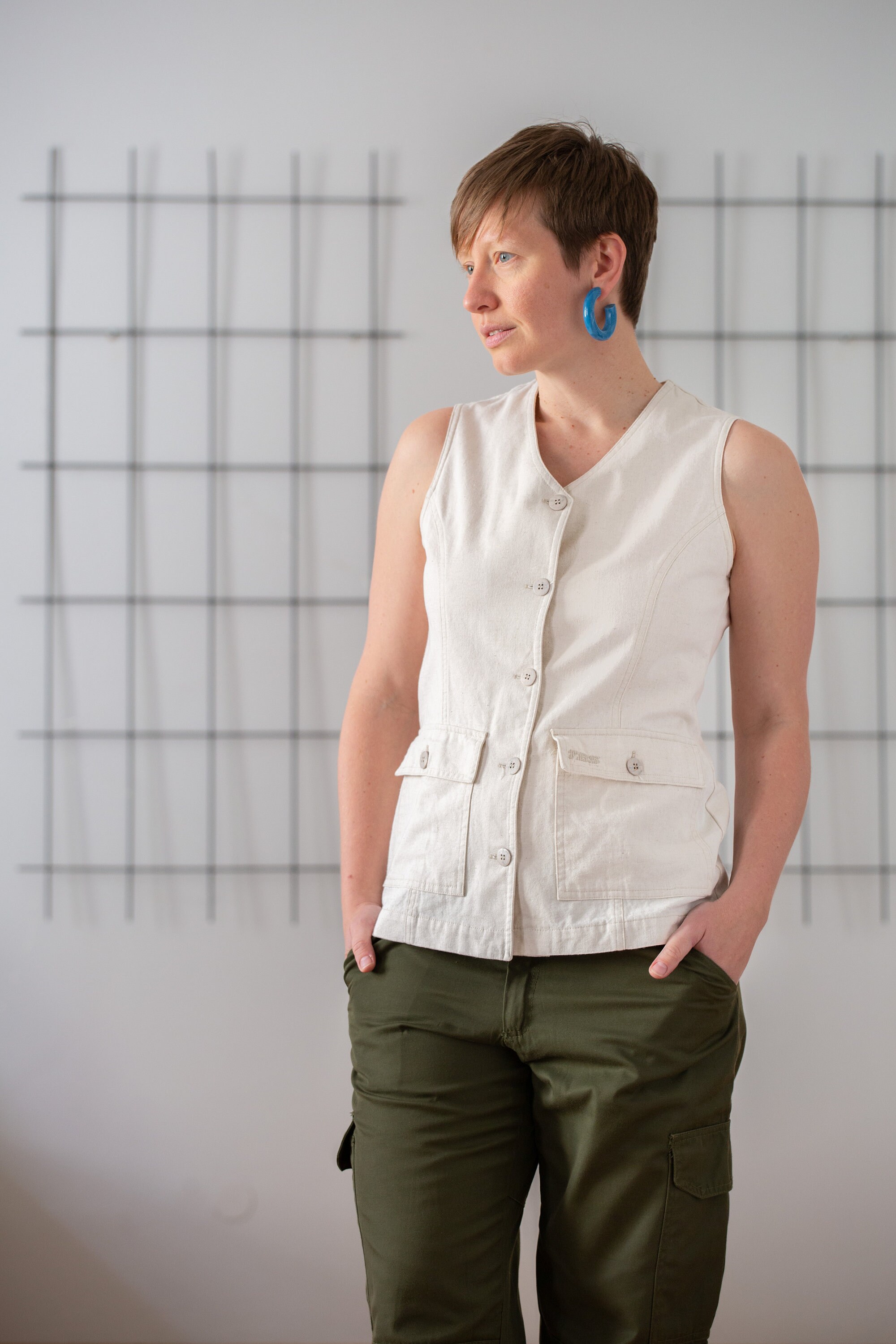 French Vintage Vest Top in Light Beige for Women | Size S | Cotton