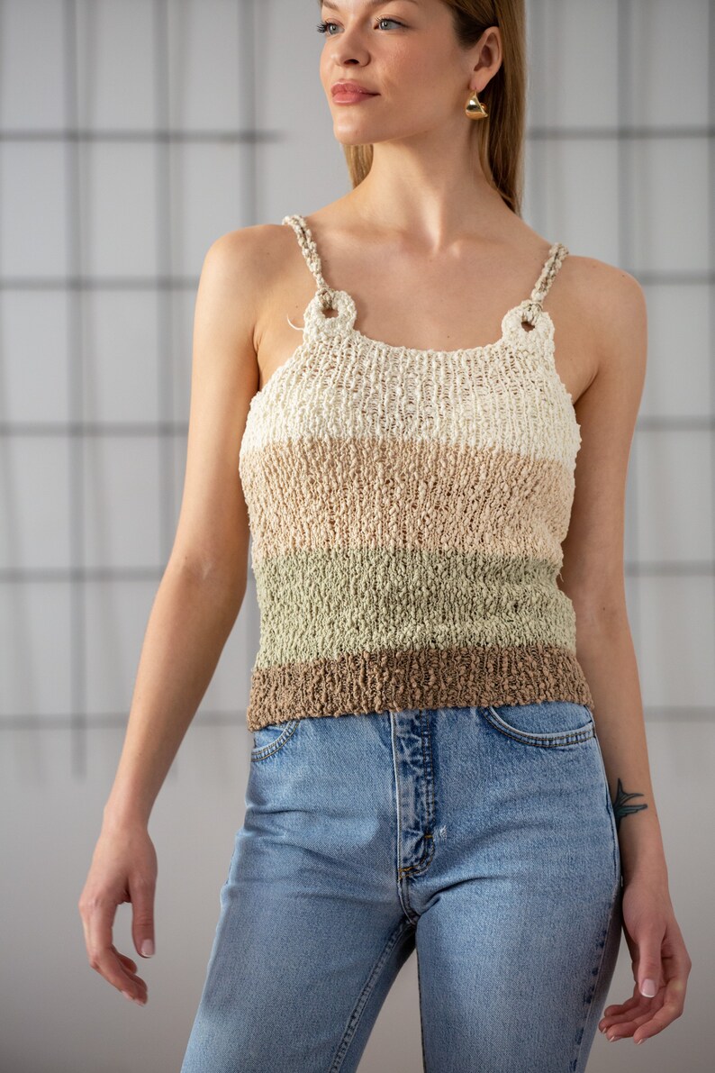Vintage Hand Knit Strap Top in Earth Tones for Women Size XS Striped