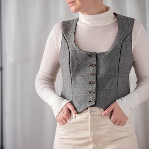 Vintage Wool Waistcoat: Light Grey Folk Vest with Green Trim (L-XL)