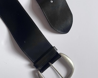 Italian Vintage Maxi Leather Belt in Black for Women | Large Buckle Extra Wide Belt. Accessories & Gift for Her. Made in Italy