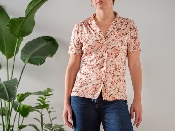Vintage 1970s Blouse With Floral & Leaf Print in Brown, Salmon 