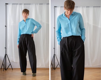 Tailleur ballon vintage en noir pour femme | Taille L | Pantalon de travail ample minimaliste plissé taille haute avec poches NVS716