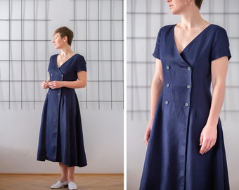 Vintage Linen Viscose Midi Dress in Navy Blue for Women | Size M | Double Breasted V Neck Short Sleeve Flared Nautical Summer Dress NVS1127