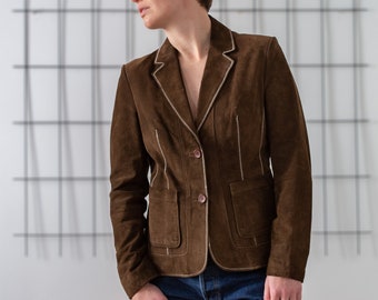 Vintage Chocolate Brown Suede Blazer: Real Leather Jacket, Size M