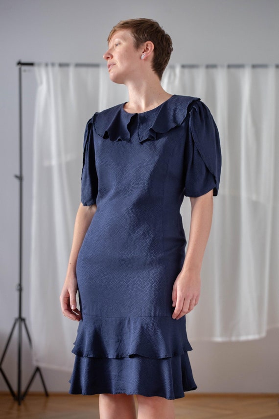 Vintage Silk Jacquard Midi Dress: Dark Blue Tulip Sleeve Ruffle Hem, Size M Vintage Silk Jacquard Midi Dress: Dark Blue Tulip Sleeve Ruffle Hem, Size M