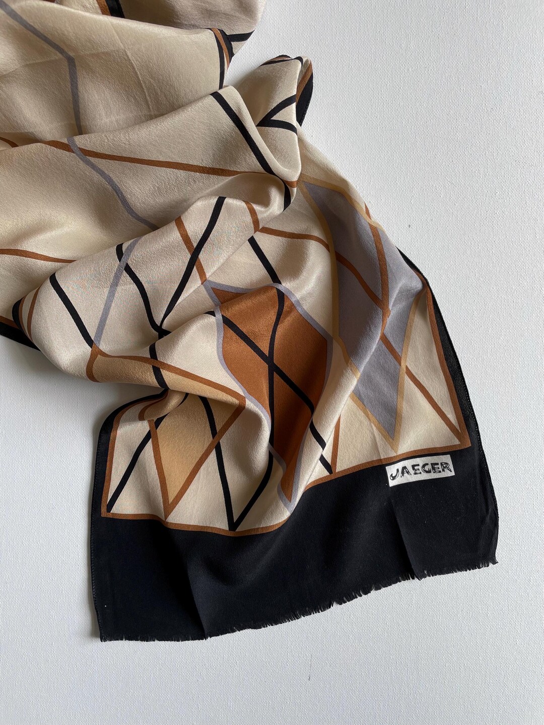 Foulard Carré JAEGER En Soie - Motif Géométrique Multicouleur - Vintage Roulotté