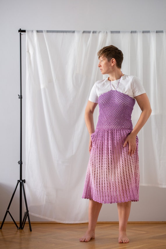 Vintage Hand Crochet Midi Dress in Ombre Lilac fo… - image 8