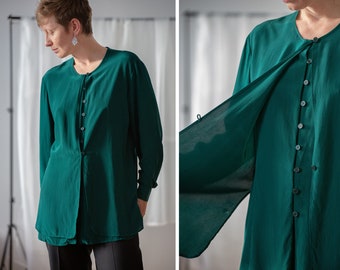 Vintage 100% Silk Blouse in Opal Green for Women | Size M | Long Sleeve Buttoned Flowy Layered Longline Collarless Shirt NVS886