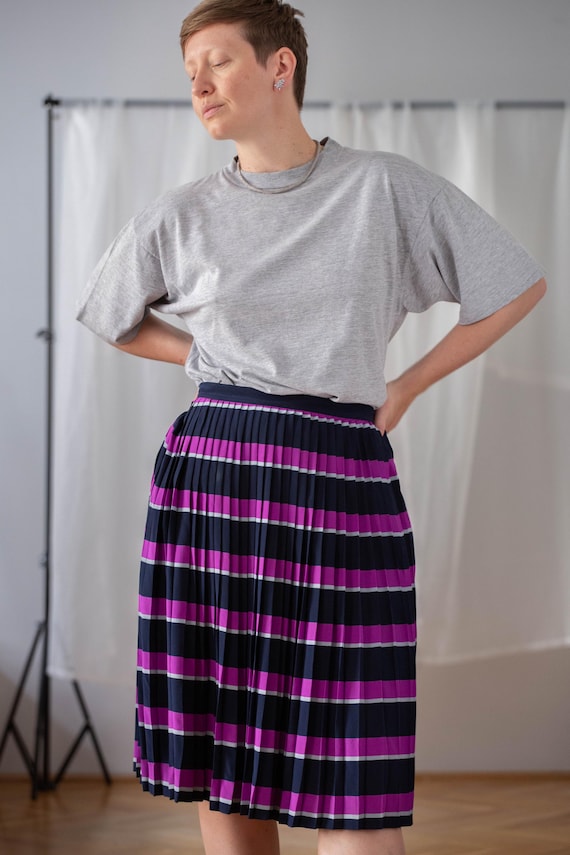 Vintage Silk Pleated Skirt: 80s Striped Navy, Magenta, Grey Midi