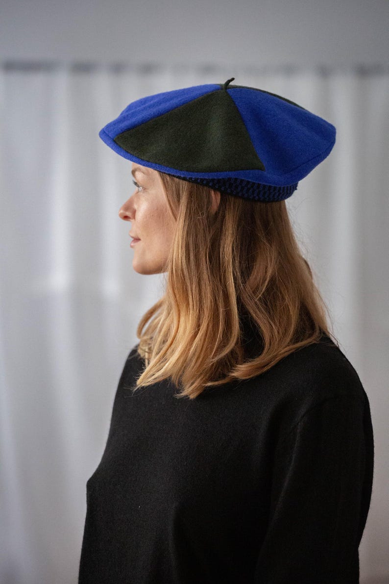 Vintage Colorblock Beret: Blue & Green Wool Hat - Etsy