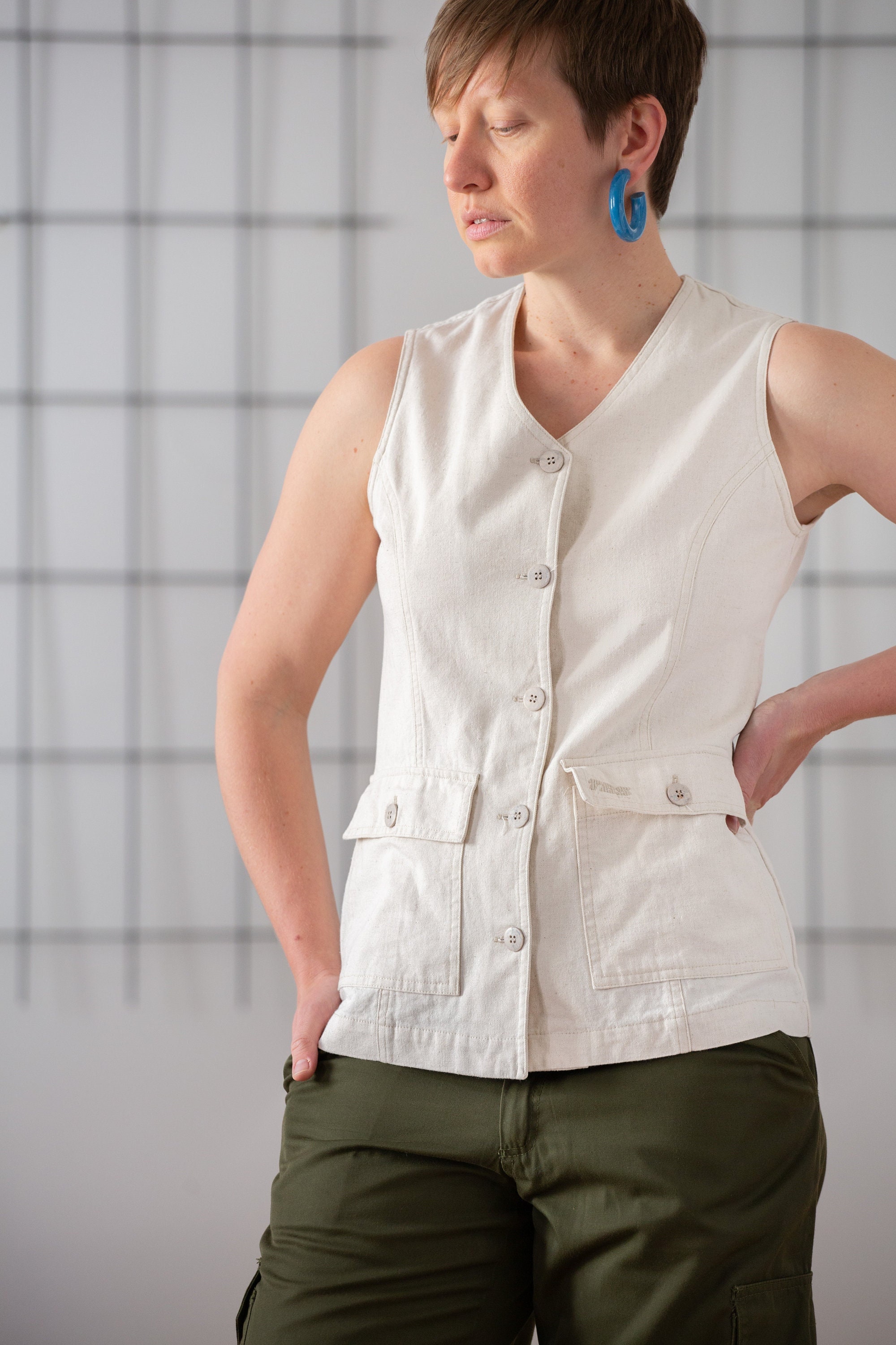 French Vintage Linen Vest Top: Light Beige Cotton Summer