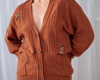 Italian Vintage Lambswool Cardigan: Terracotta Cable Knit, Novelty