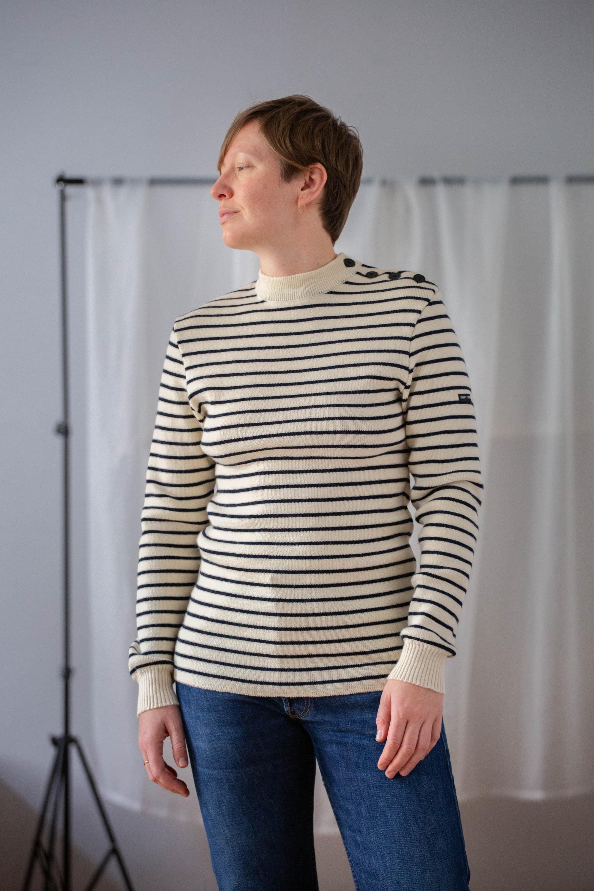 Vintage Saint James Breton Wool Sweater: Cream & Navy Striped 