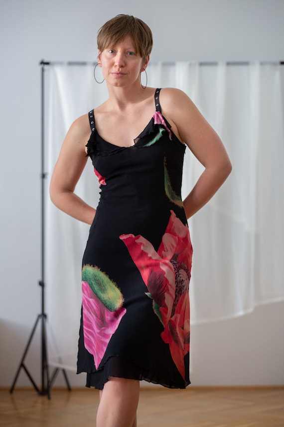 Vintage Marc Cain Silk Chiffon Black Dress: Red Poppy Print Ruffle Dress  (size M), Large Floral Print